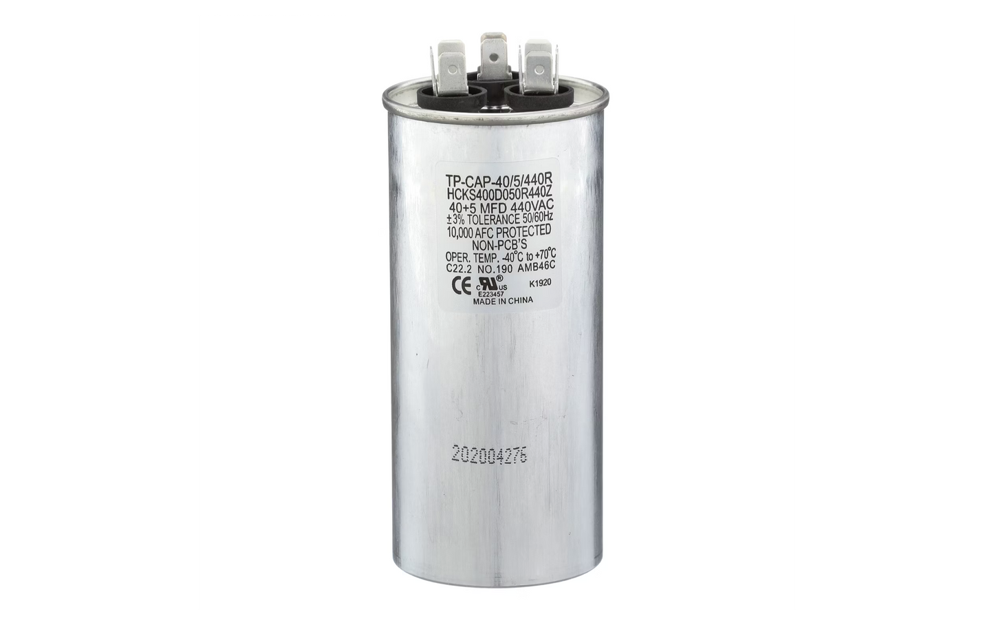 Run Capacitor, 40/5/440 VAC, Round, Dual Rated
