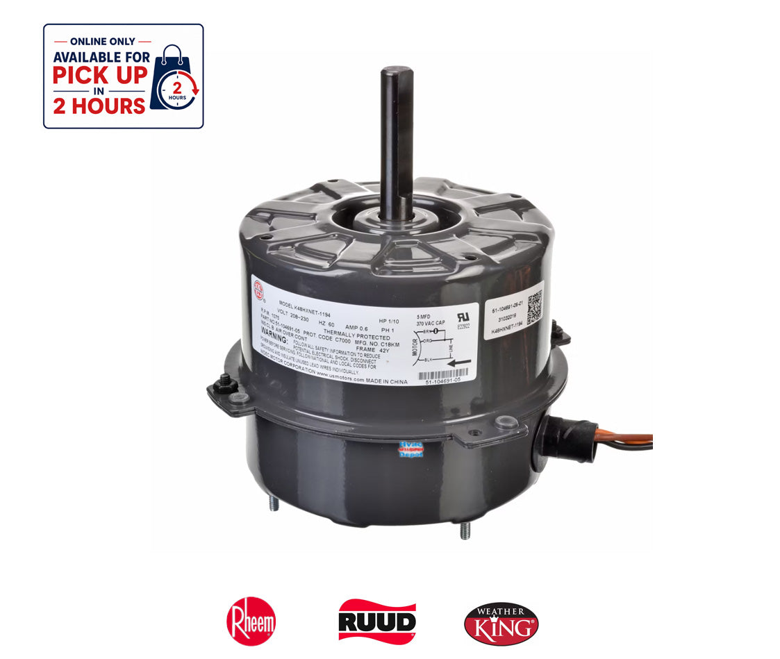 Rheem PROTECH™ 51-104691-05 Condenser Motor – 1/10 HP 208-230V 1075 RPM Single Speed Genuine OEM Replacement