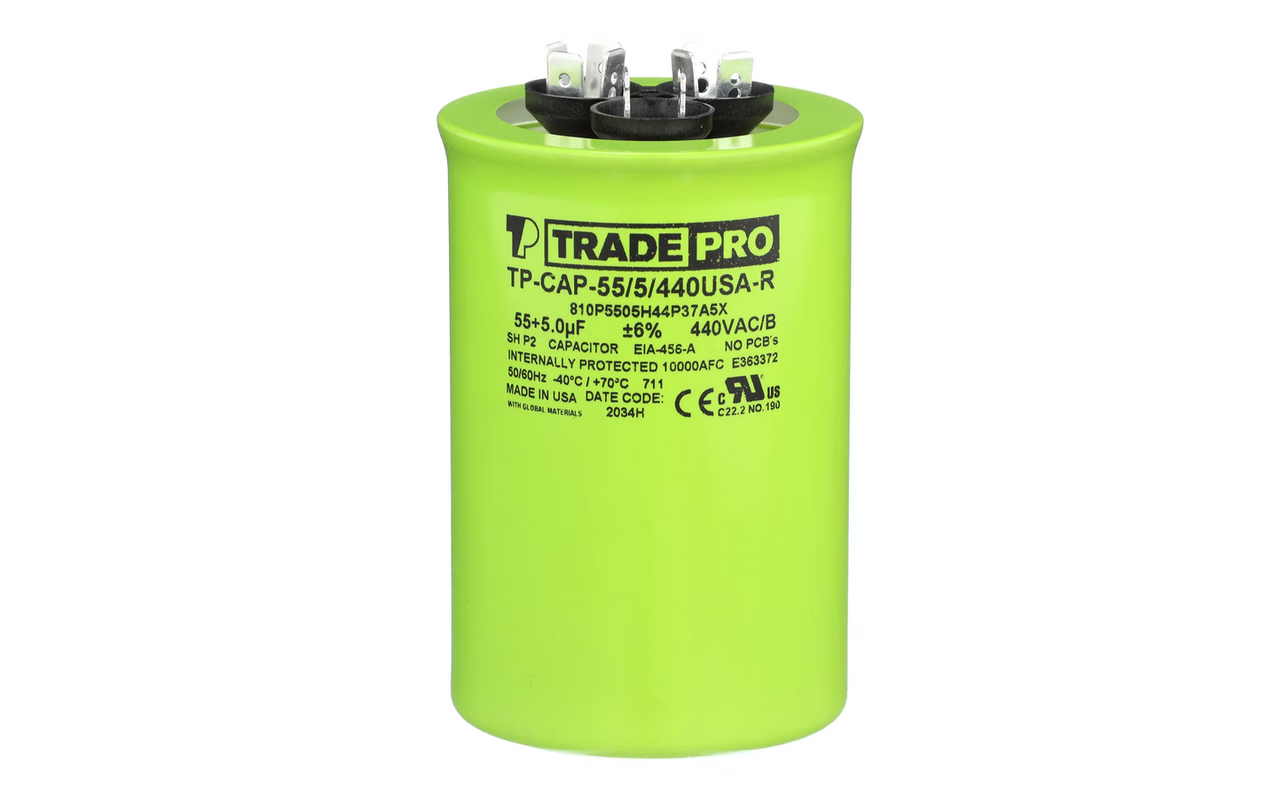 Run Capacitor, 55/5/440 VAC, Round, Dual Rated