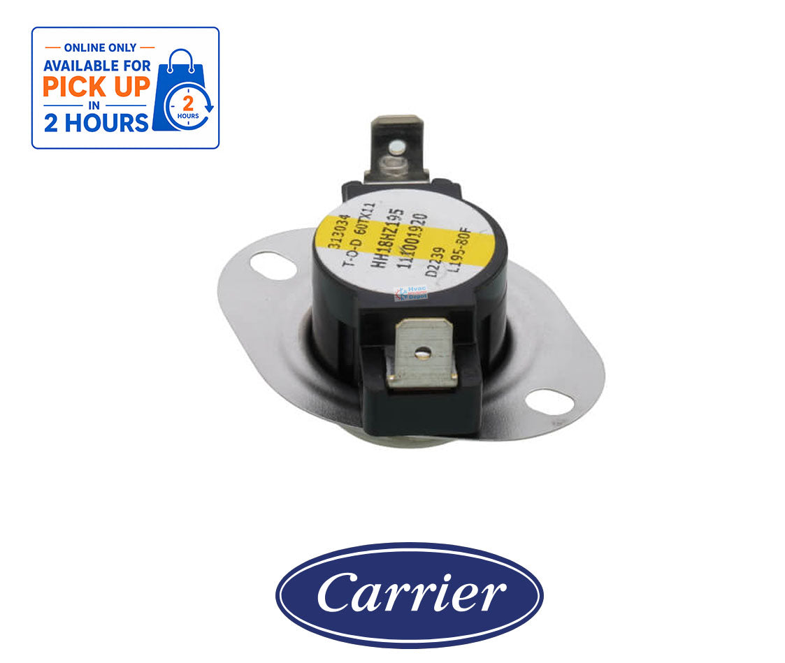 Carrier Factory Authorized Parts HH18HZ195 OEM Furnace High Limit Switch – 195°F Open / 115°F Close – Automatic Reset Temperature Safety Control