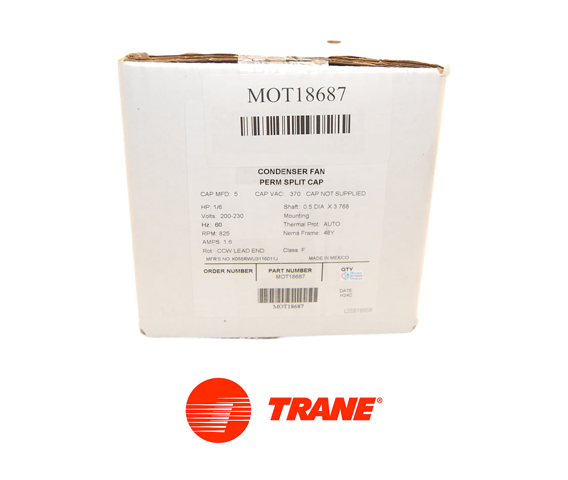 Trane MOT18687 Condenser Fan Motor – 1/6 HP, 200-230V, 825 RPM, 48 Frame, PSC Motor