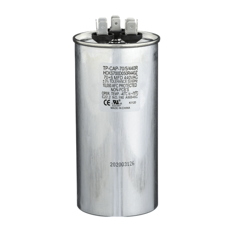 Run Capacitor, 70/5/440 VAC, Round, Dual Rated
