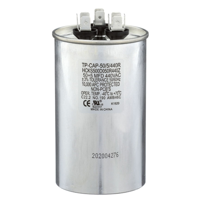 Run Capacitor, 50/5/440 VAC, Round, Dual Rated