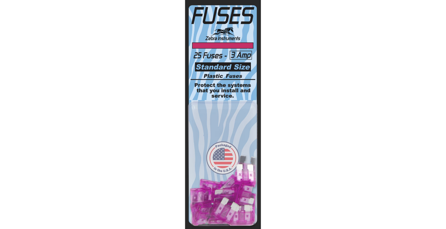 ZEBRA Fuses, 3 Amp, Blade Type, Automotive (25 Pack)