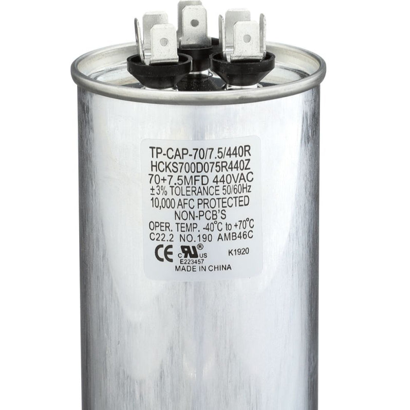 Run Capacitor, 70/7.5/440 VAC, Round, Dual Rated