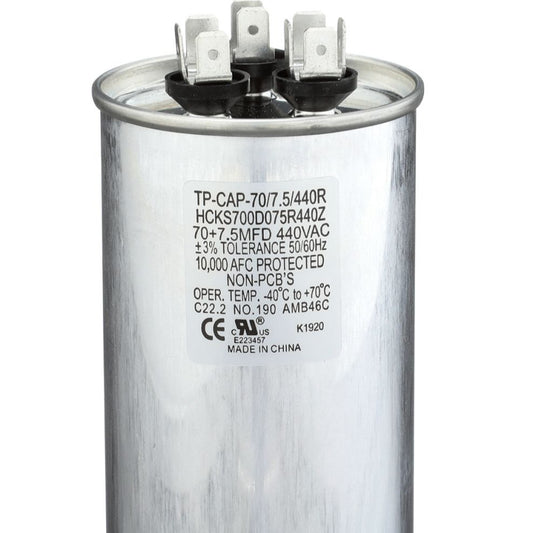 Run Capacitor, 70/7.5/440 VAC, Round, Dual Rated