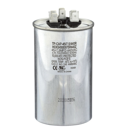 Run Capacitor, 45/7.5/440 VAC, Round, Dual Rated