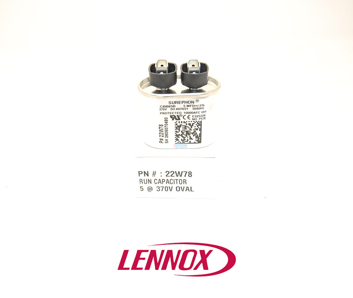 Lennox 1100600-01 Run Capacitor – 5 MFD, 370V, Oval – Cat # 22W78