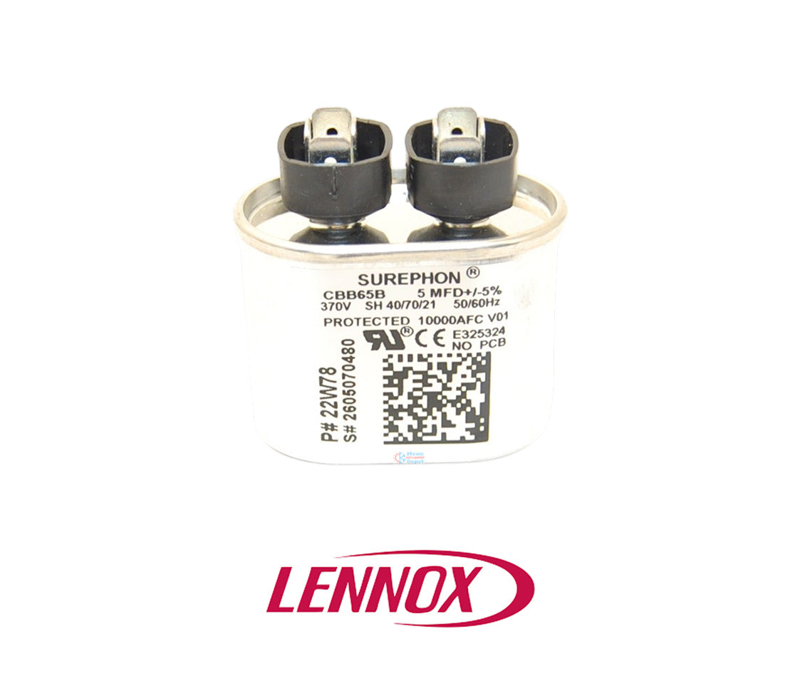 Lennox 1100600-01 Run Capacitor – 5 MFD, 370V, Oval – Cat # 22W78
