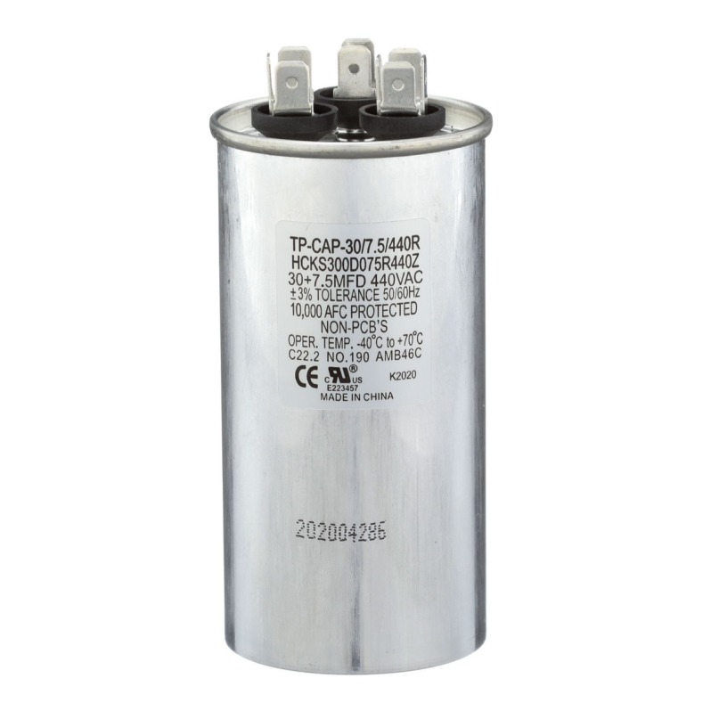 Run Capacitor, 30/7.5/440 VAC, Round, Dual Rated