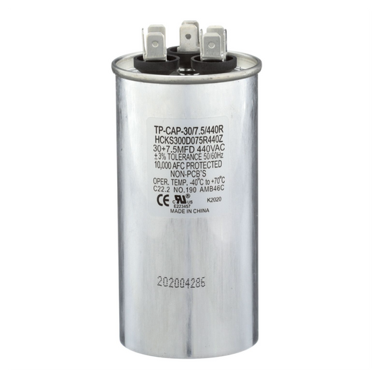 Run Capacitor, 30/7.5/440 VAC, Round, Dual Rated