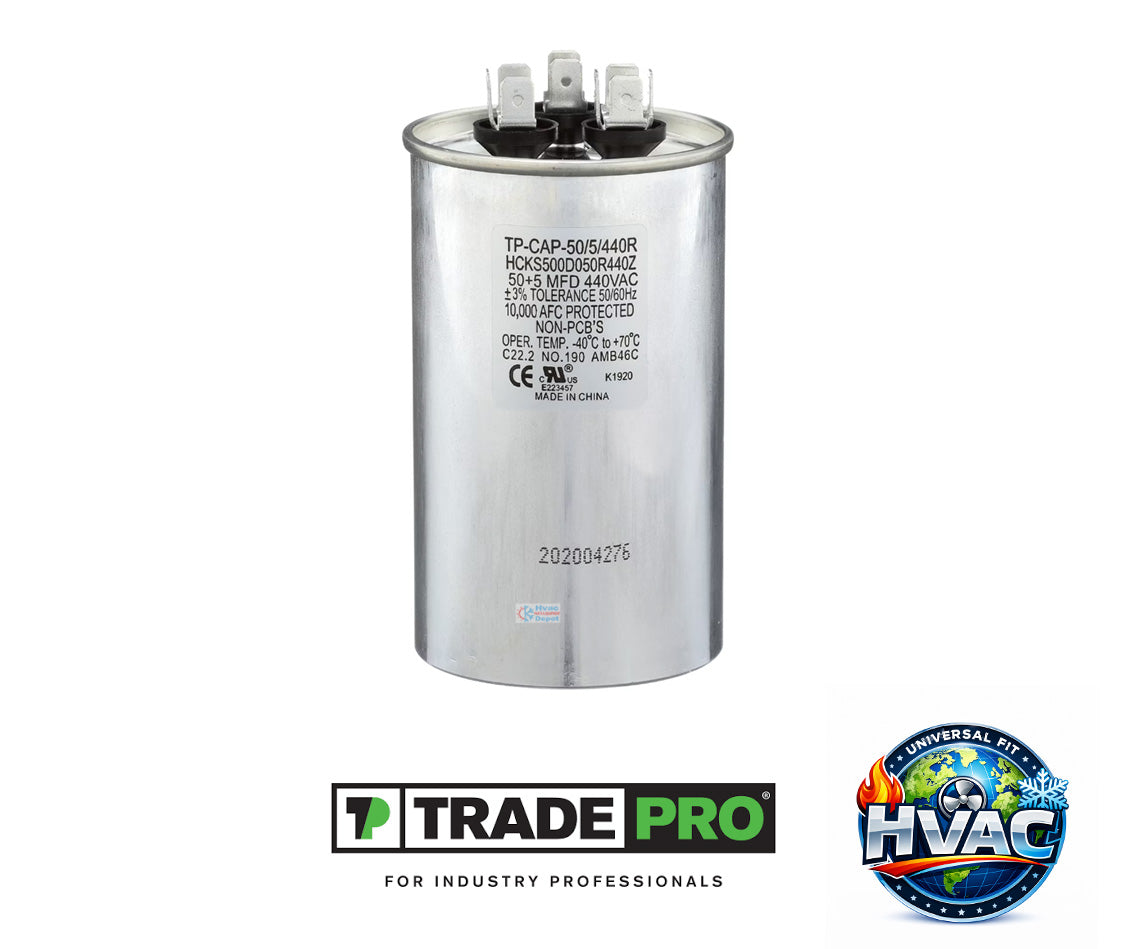 TRADEPRO® TP-CAP-50/5/440 Dual Run Capacitor – 50 + 5 MFD 440 VAC Round