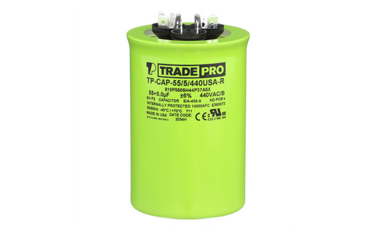 Run Capacitor, 55/5/440 VAC, Round, Dual Rated