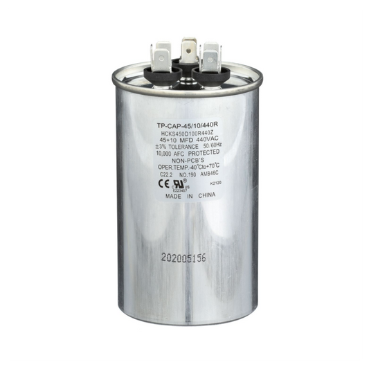 Run Capacitor, 45/10/440 VAC, Round, Dual Rated
