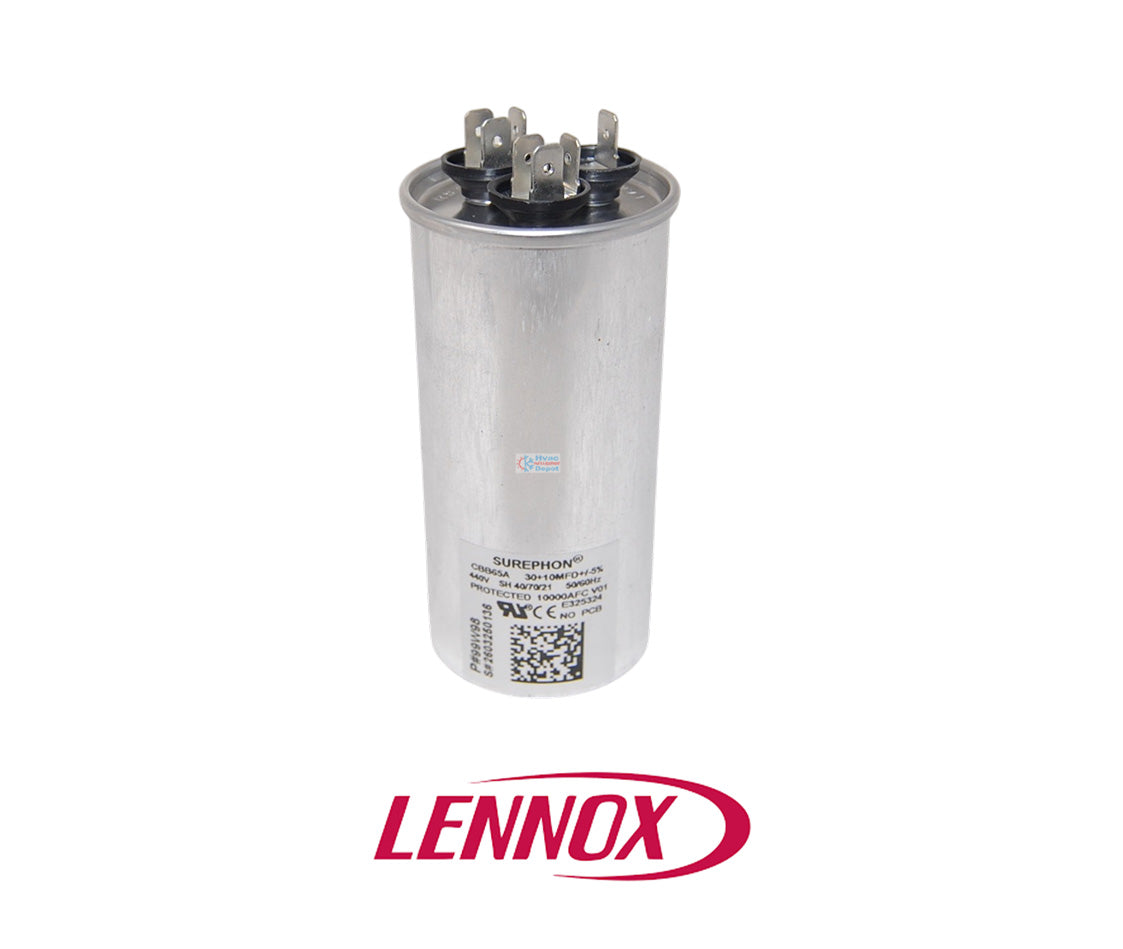 Lennox 100335-56 Dual Run Capacitor – 30/10 MFD, 440 VAC, Round – Cat # 99W98