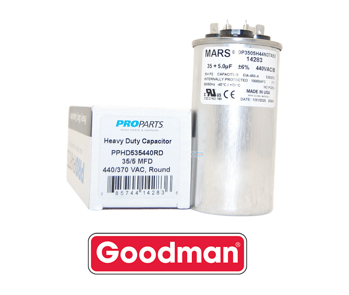 Goodman PROPARTS PPHD535440RD Heavy Duty Dual Run Capacitor – 35 + 5 MFD, 440 VAC, Round