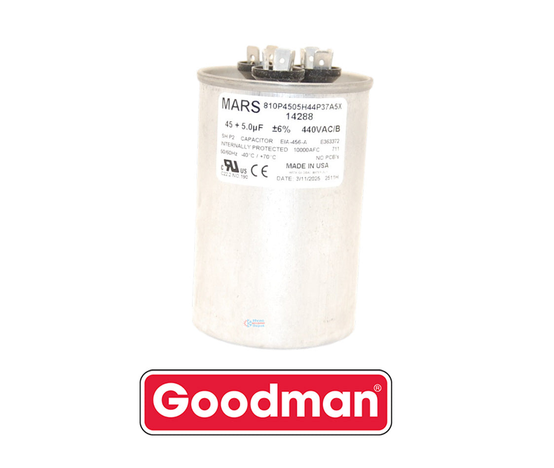 Goodman PROPARTS PPHD545440RD Heavy Duty Dual Run Capacitor – 45 + 5 MFD, 440 VAC, Round
