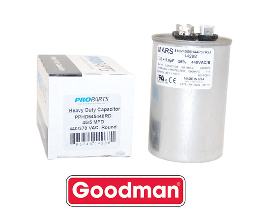 Goodman PROPARTS PPHD545440RD Heavy Duty Dual Run Capacitor – 45 + 5 MFD, 440 VAC, Round