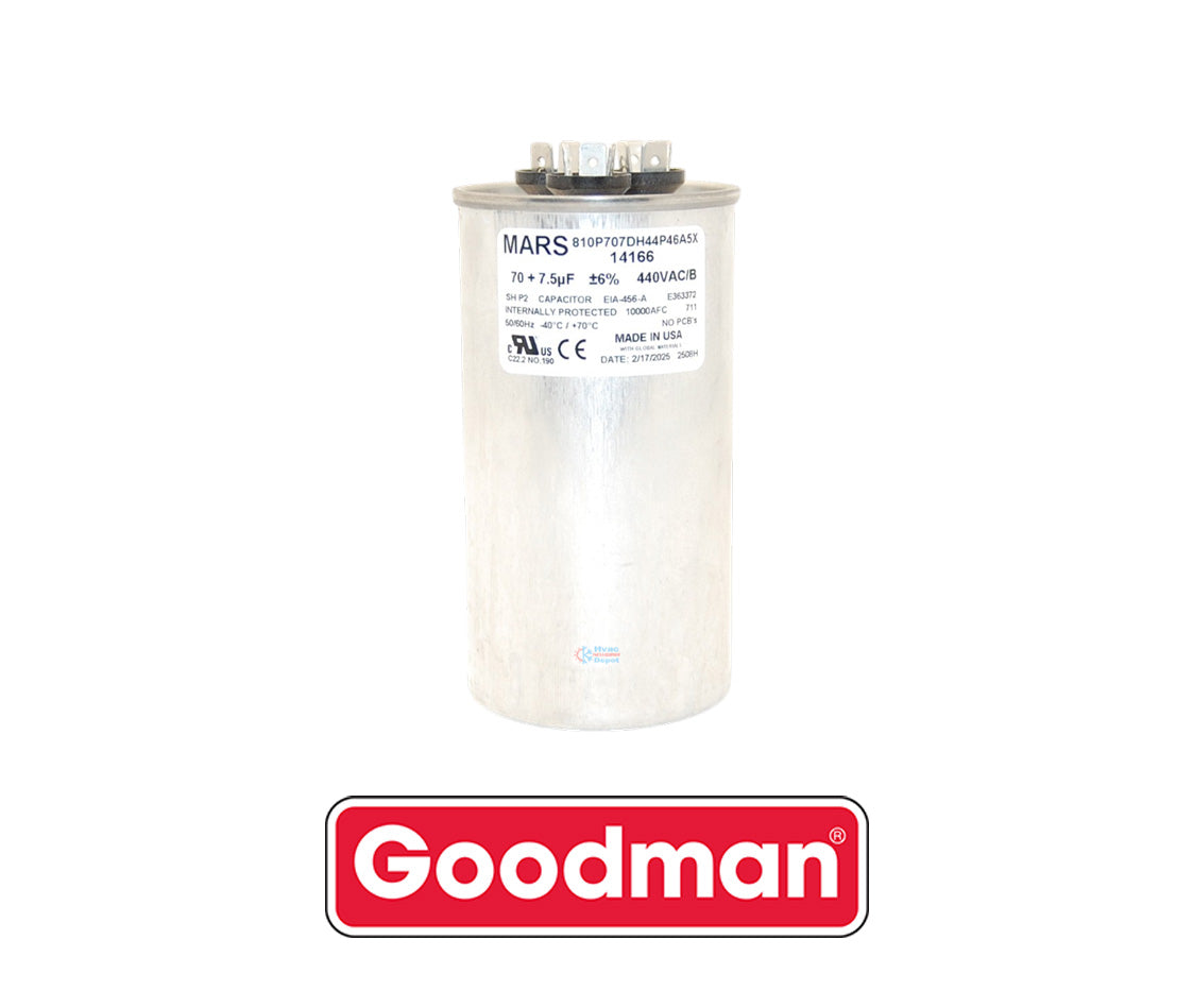 Goodman PROPARTS PPHD7570440RD Heavy Duty Dual Run Capacitor – 70 + 7.5 MFD, 440 VAC, Round