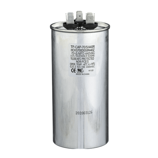 Run Capacitor, 70/5/440 VAC, Round, Dual Rated