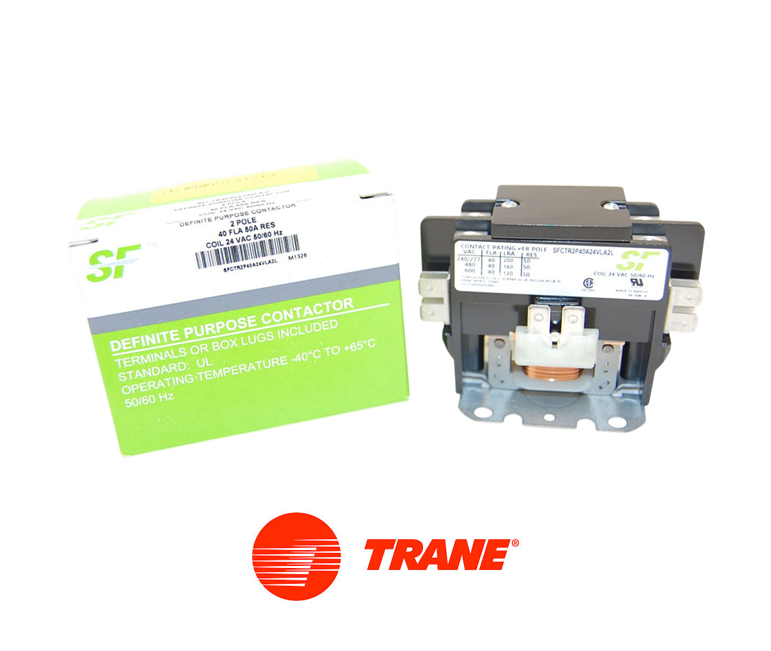 Trane SFCTR2P40A24VLA2L Contactor – 2 Pole, 40 Amp, 24VAC, Lug Terminals, A2L Compatible