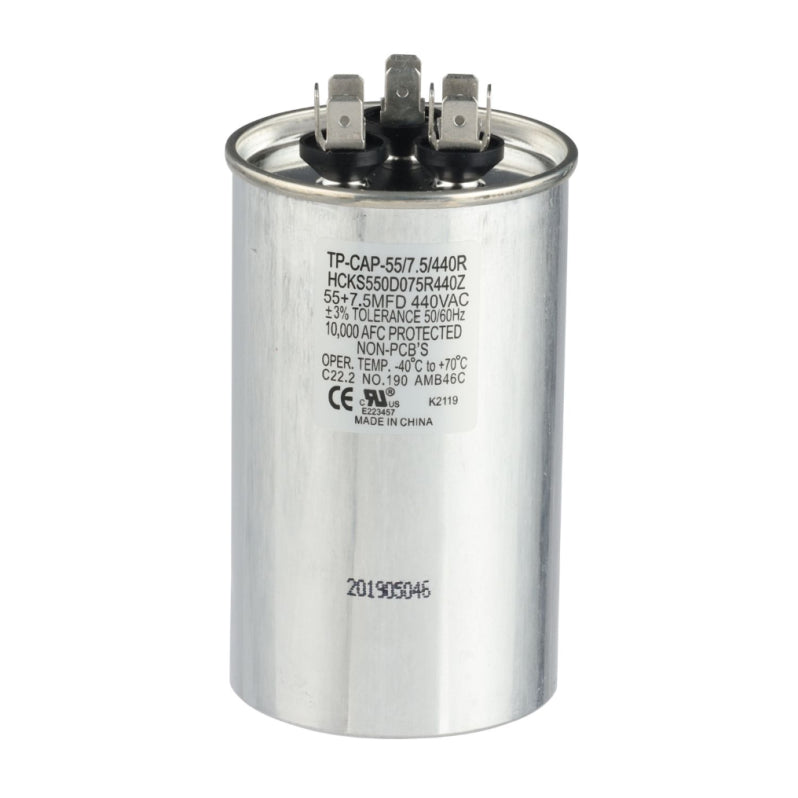 Dual Run Capacitor, 55/7.5/440 VAC, Round, Dual Rated