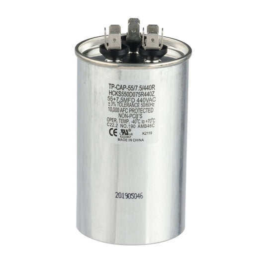 Dual Run Capacitor, 55/7.5/440 VAC, Round, Dual Rated