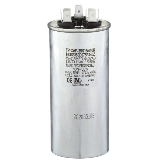 Run Capacitor, 35/7.5/440 VAC, Round, Dual Rated