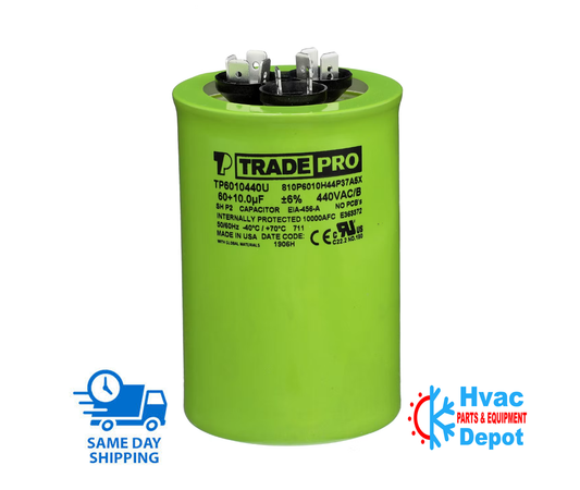60/10 MFD Dual Run Capacitor, 440 VAC, Round