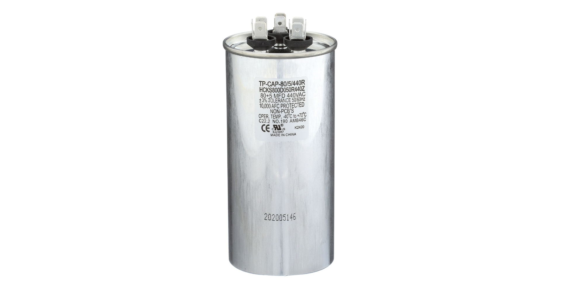 TRADEPRO® TP-CAP-80/5/440R - Run Capacitor, 80/5/440 VAC, Round, Dual Rated Item: TP-CAP-80/5/440R MFG: HCKS800D050R