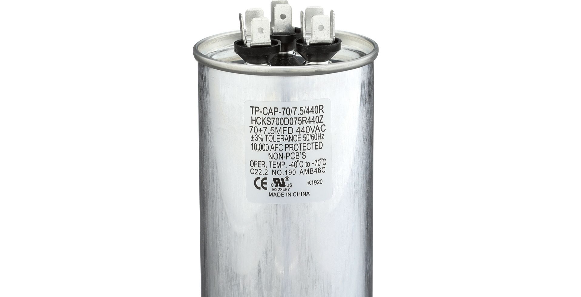 TRADEPRO® TP-CAP-70/7.5/440R - Run Capacitor, 70/7.5/440 VAC, Round, Dual Rated Item: TP-CAP-70/7.5/440R MFG: HCKS700D075R