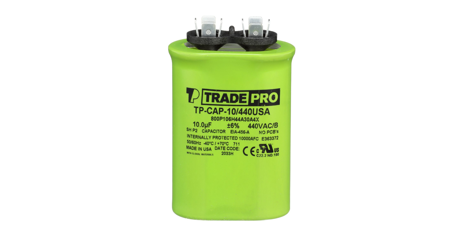 TRADEPRO® TP-CAP-10/440USA - Oval Capacitor, 10/440V Item: TP-CAP-10/440USA MFG: TP10440UO