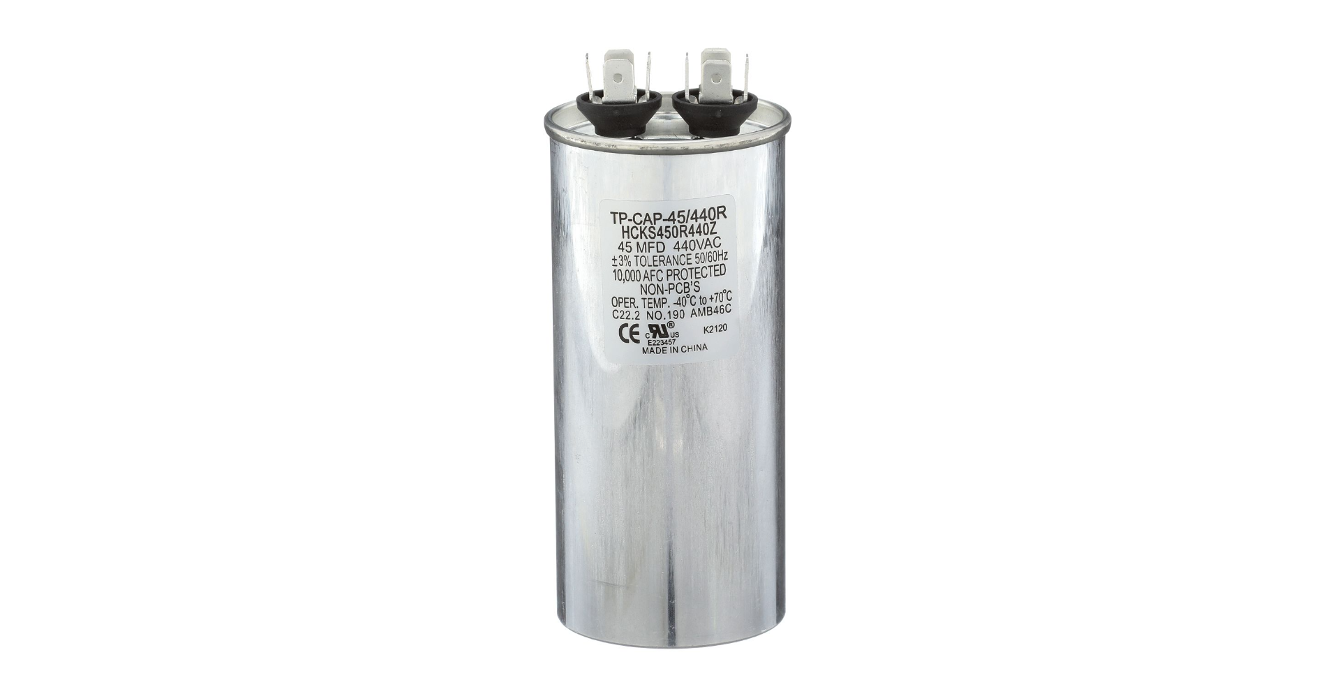 TRADEPRO® TP-CAP-45/440R - Run Capacitor, 45/440 VAC, Round Item: TP-CAP-45/440R MFG: HCKS450R4402