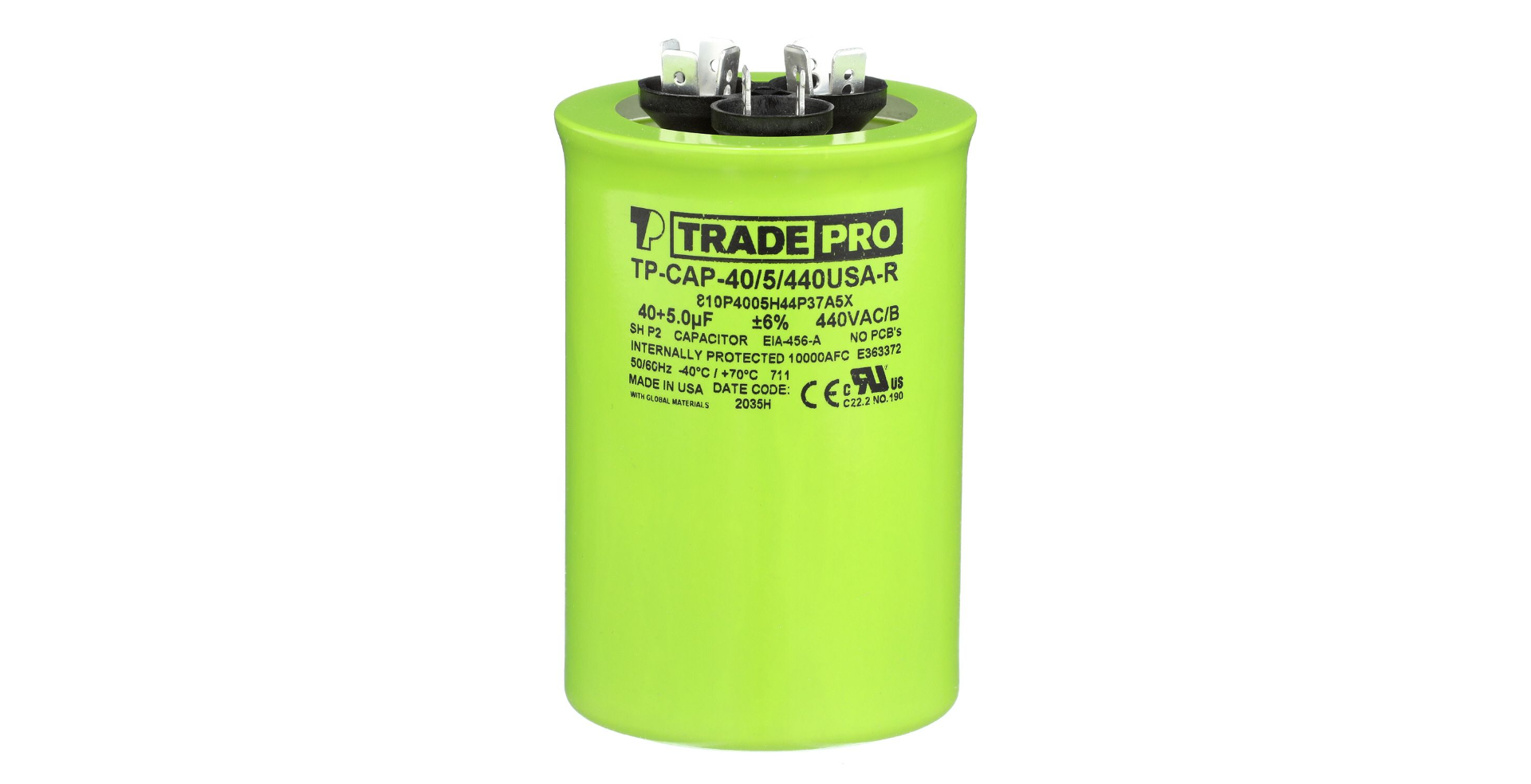 TRADEPRO® TP-CAP-40/5/440USAR - Round Capacitor, 40/5/440V- USA Made Item: TP-CAP-40/5/440USAR MFG: TP405440U