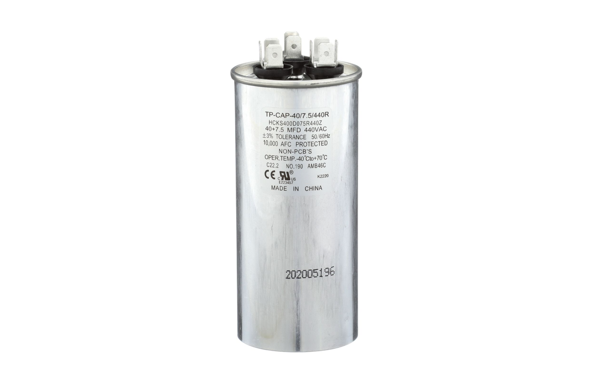 TRADEPRO® TP-CAP-40/7.5/440R - Run Capacitor, 40/7.5 440 VAC, Round, Dual Rated Item: TP-CAP-40/7.5/440R MFG: 40/7.5/440R