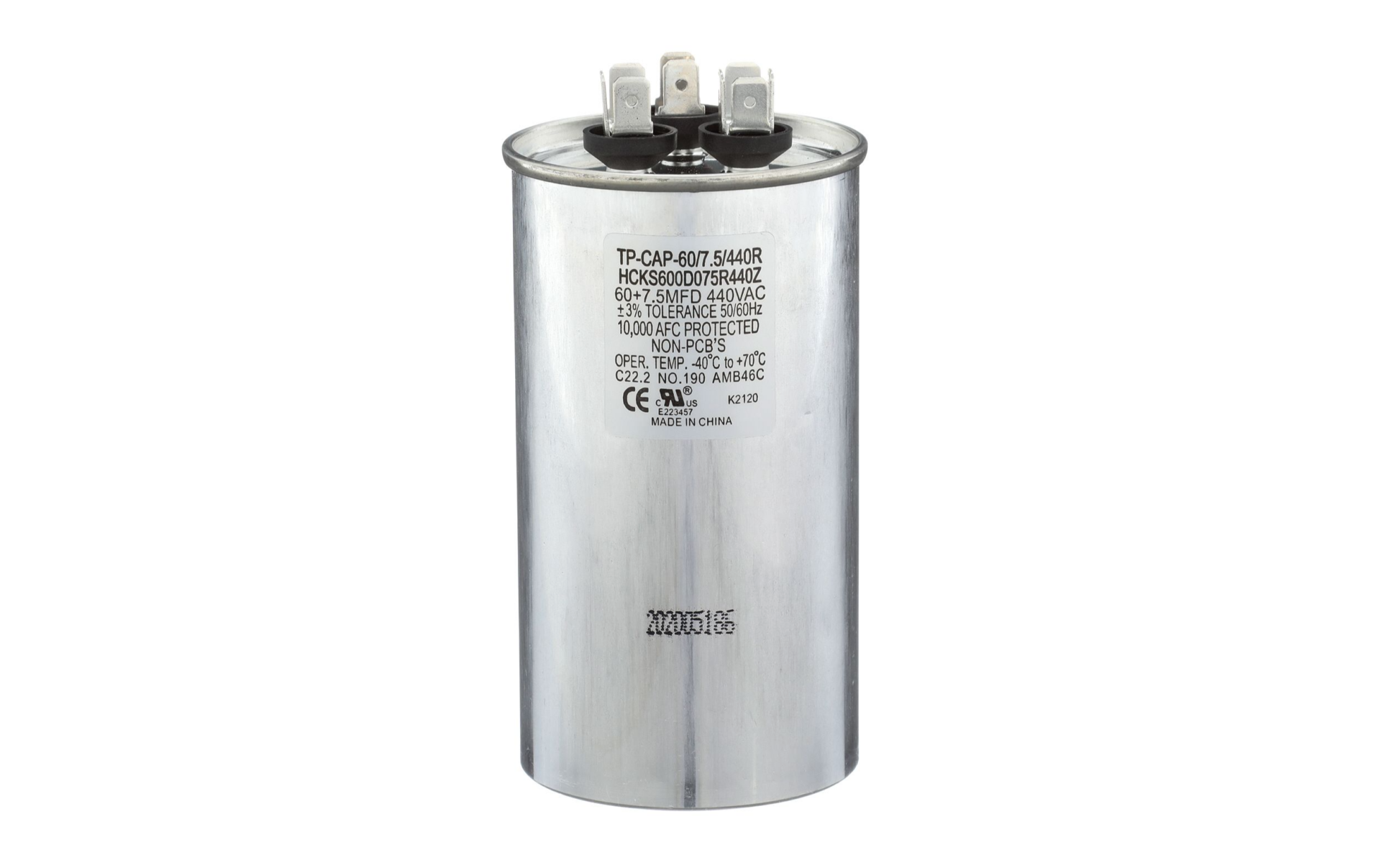 Run Capacitor, 60/7.5/440 VAC, Round