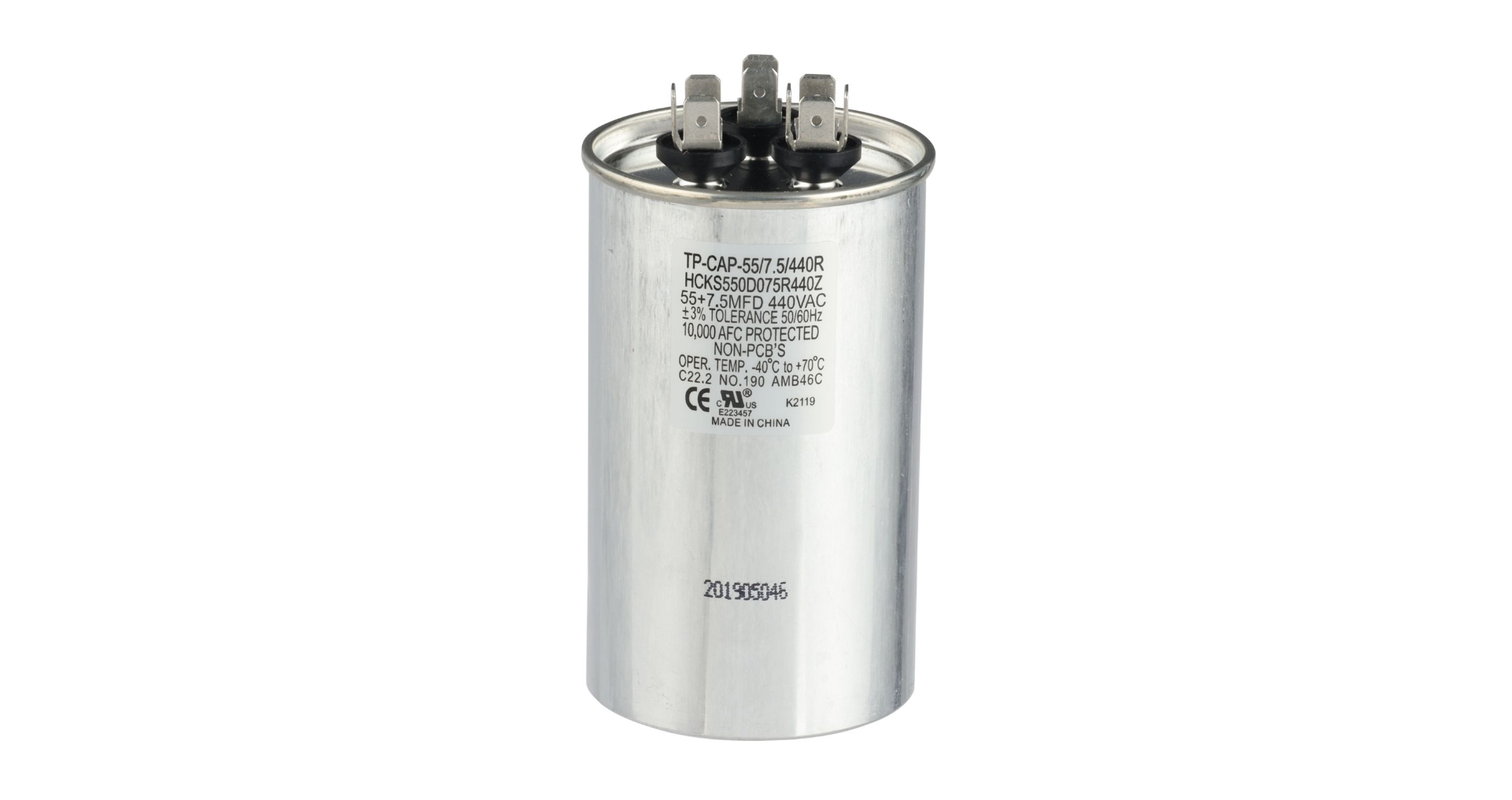 Run Capacitor, 55/7.5/440 VAC, Round, Dual Rated