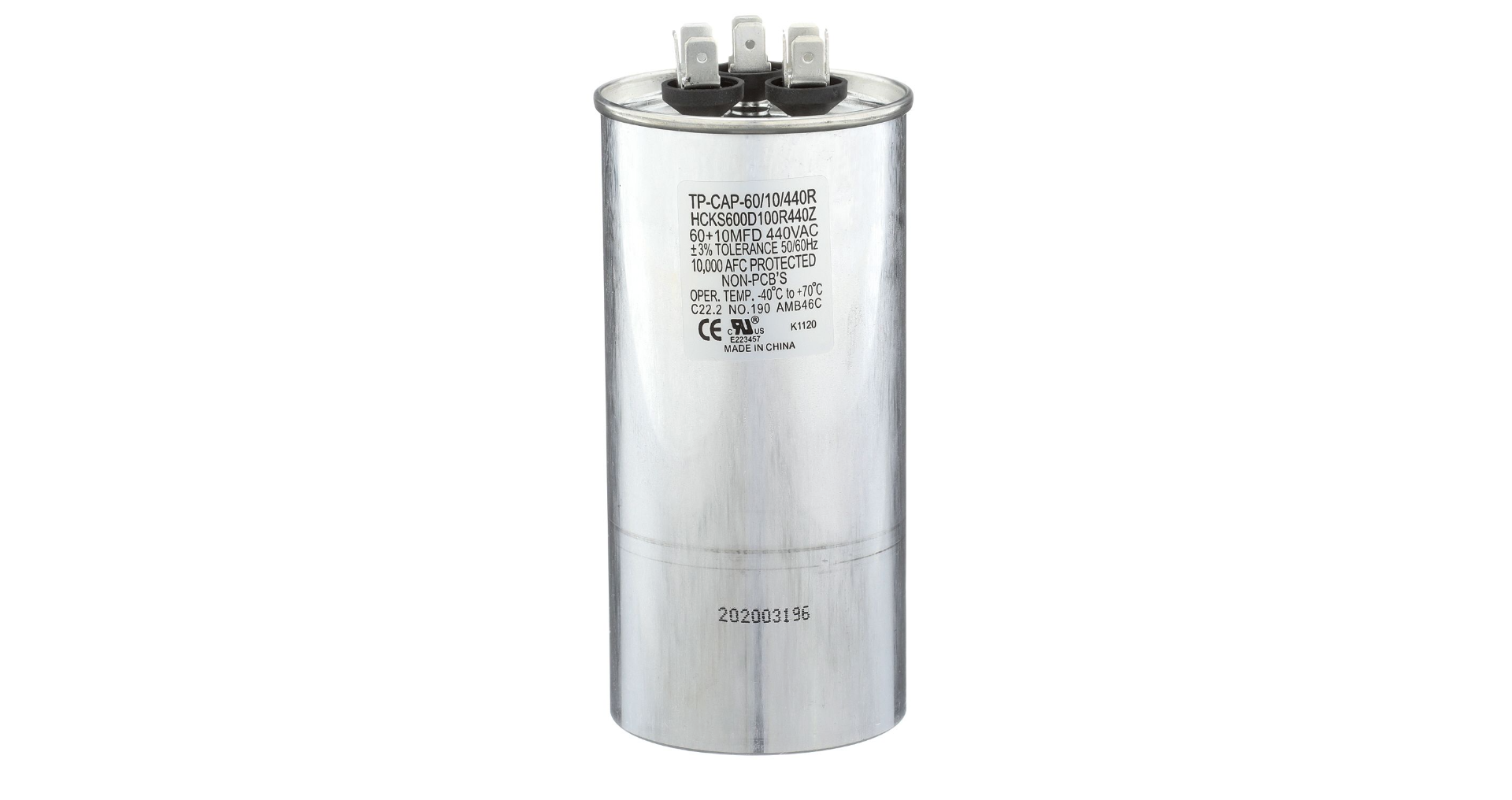 Run Capacitor, 60/10/440 VAC, Round, Dual Rated