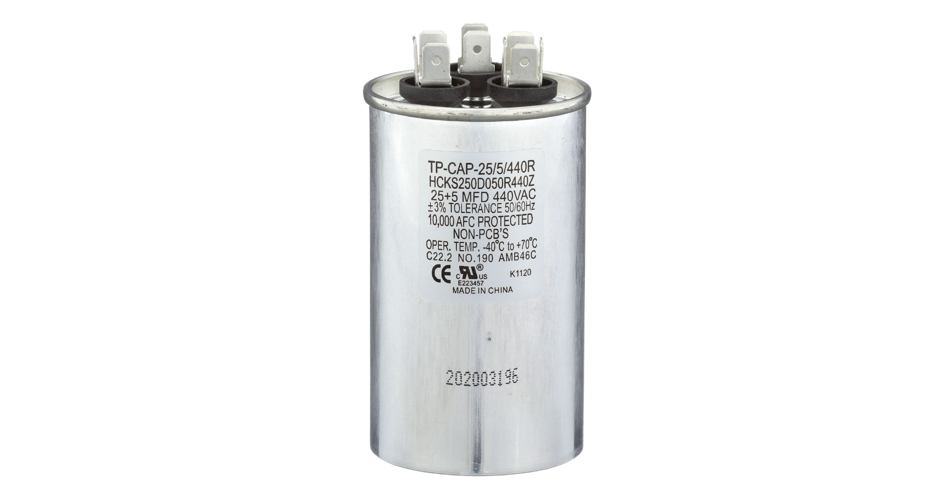 Run Capacitor, 25/5/440 VAC, Round, Dual Rated