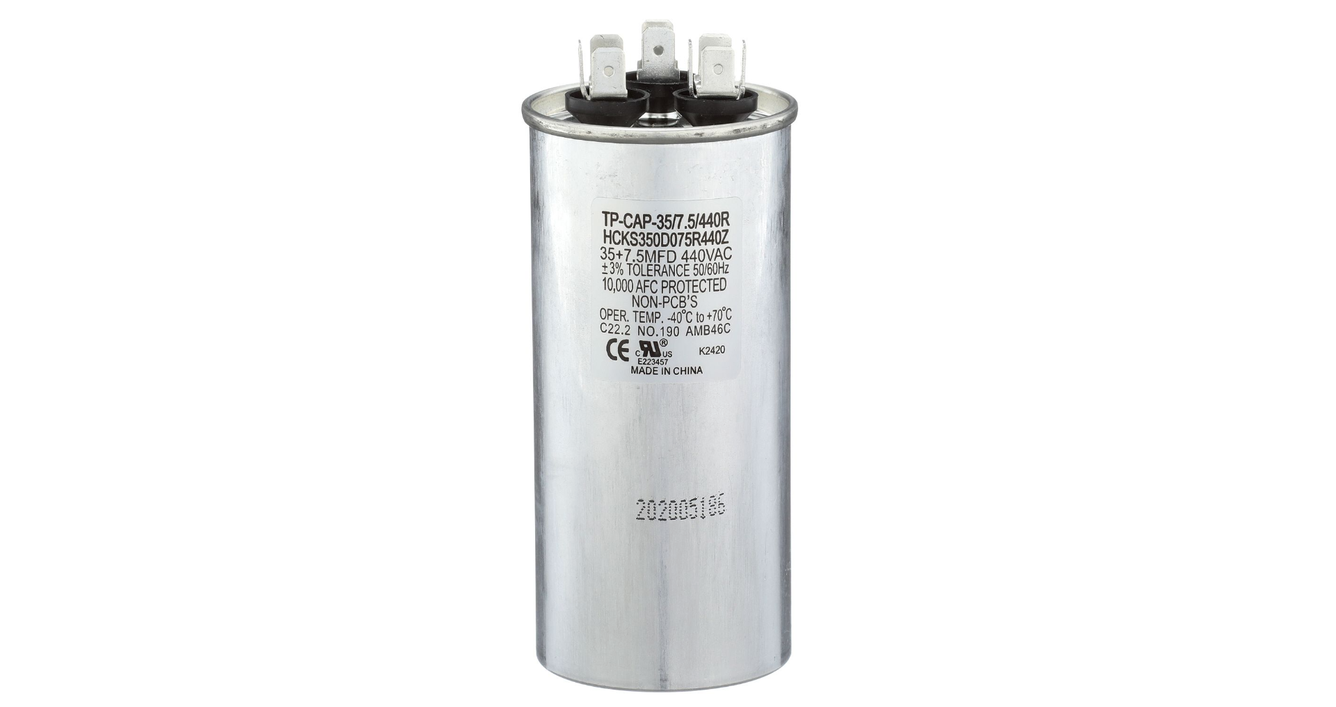 Run Capacitor, 35/7.5/440 VAC, Round, Dual Rated