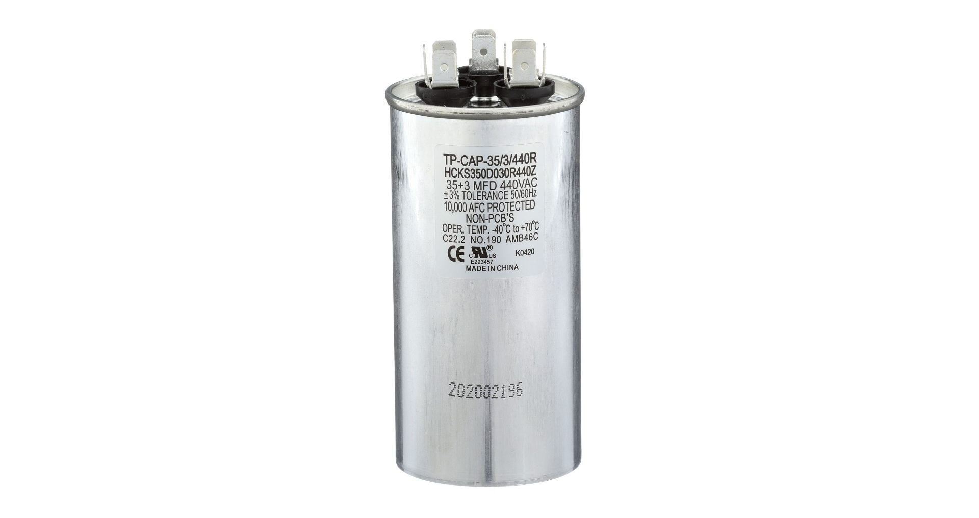 Run Capacitor, 35/3/440 VAC, Round, Dual Rated