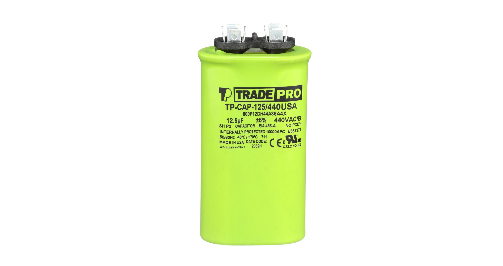 TRADEPRO® TP-CAP-125/440USA - Oval Capacitor, 12.5/440V Item: TP-CAP-125/440USA MFG: TP125440UO