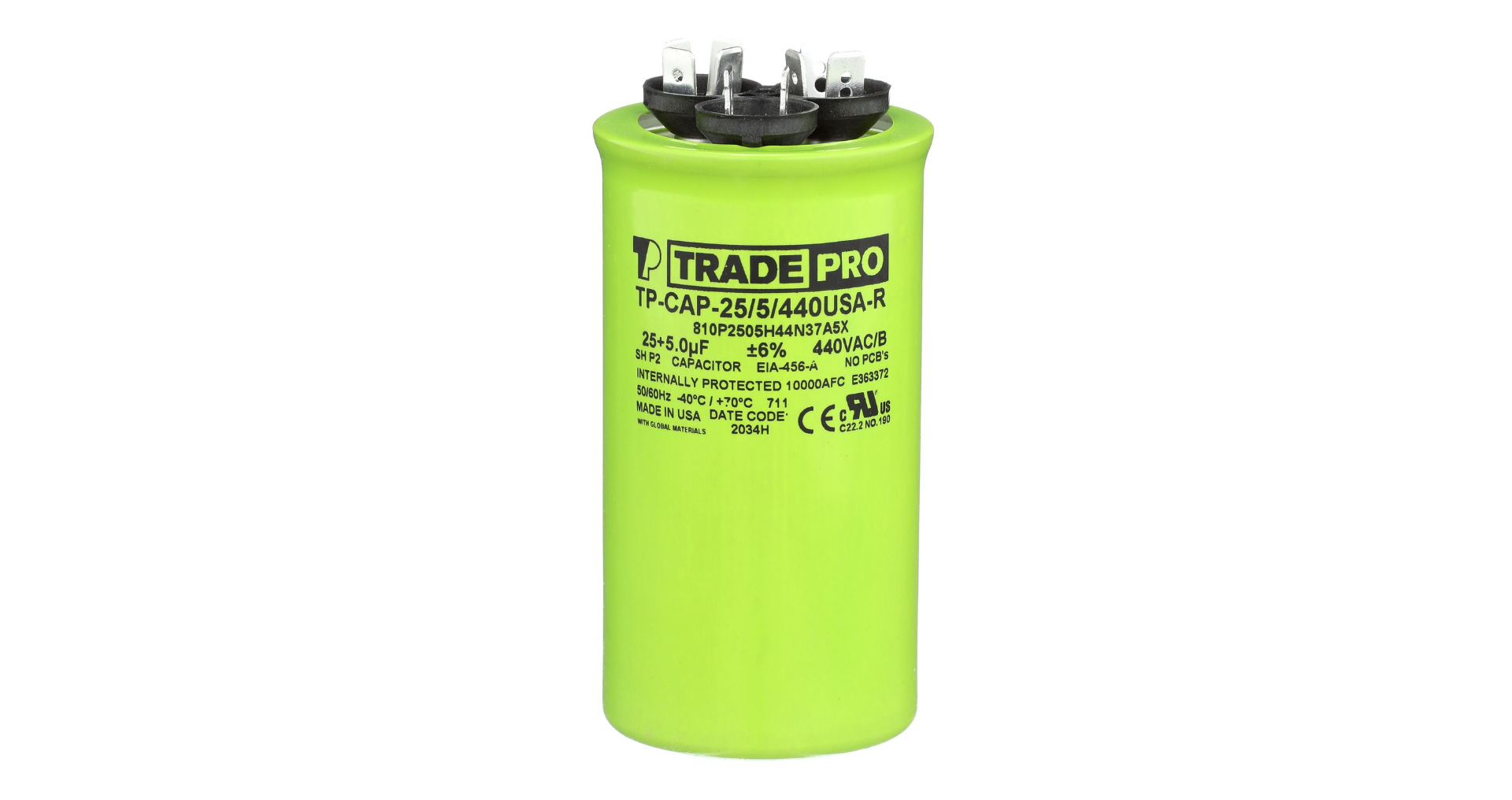 TRADEPRO® TP-CAP-25/5/440USAR - Round Capacitor, 25/5/440V- USA Made Item: TP-CAP-25/5/440USAR MFG: TP255440U