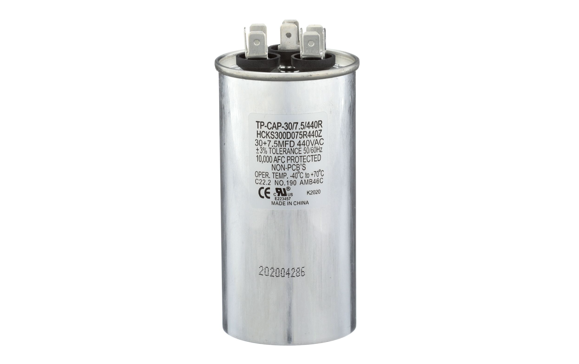 Run Capacitor, 30/7.5/440 VAC, Round, Dual Rated