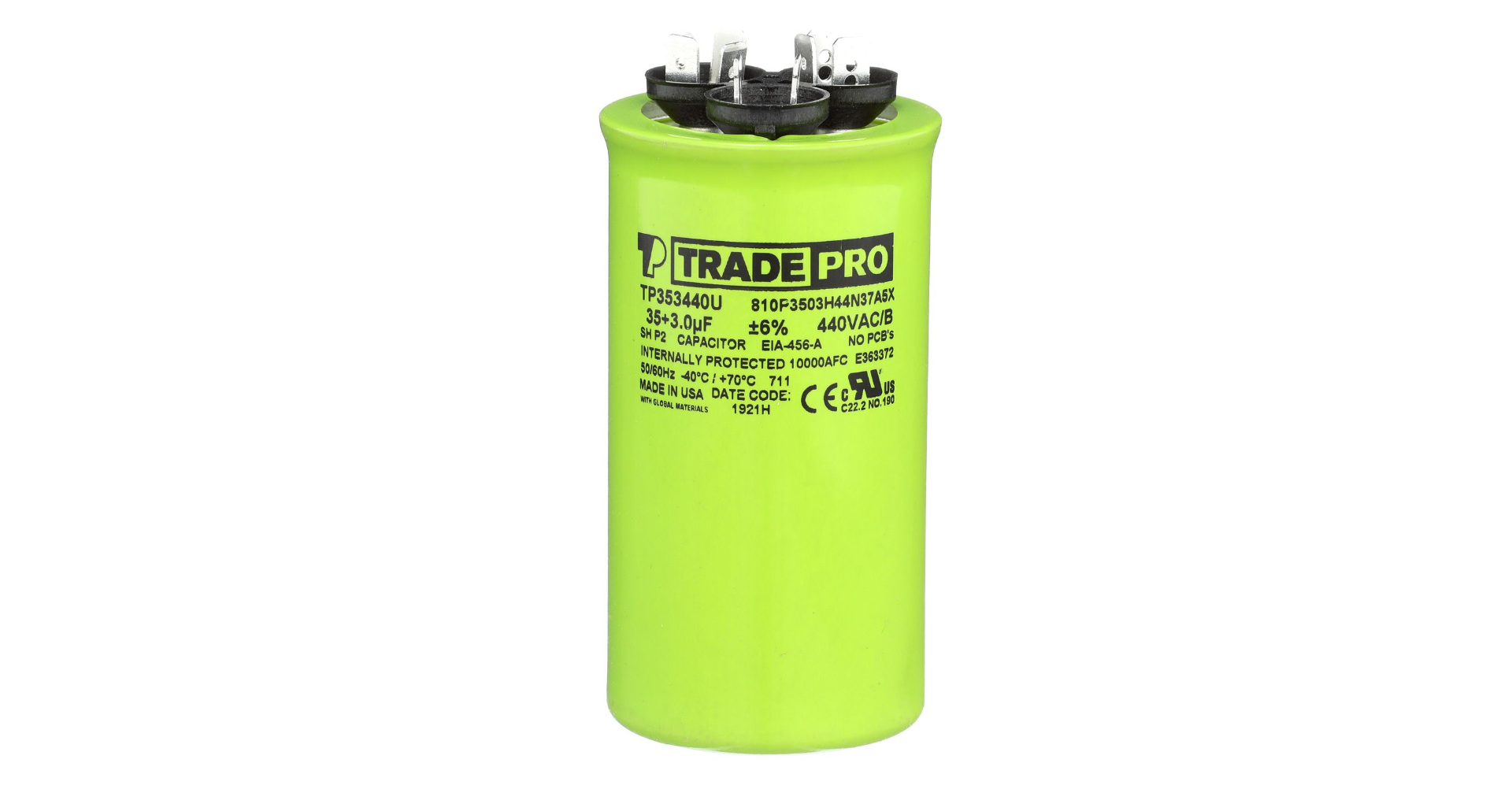 TRADEPRO® TP-CAP-35/3/440USAR - Round Capacitor, 35/3/440V- USA Made Item: TP-CAP-35/3/440USAR MFG: TP353440U