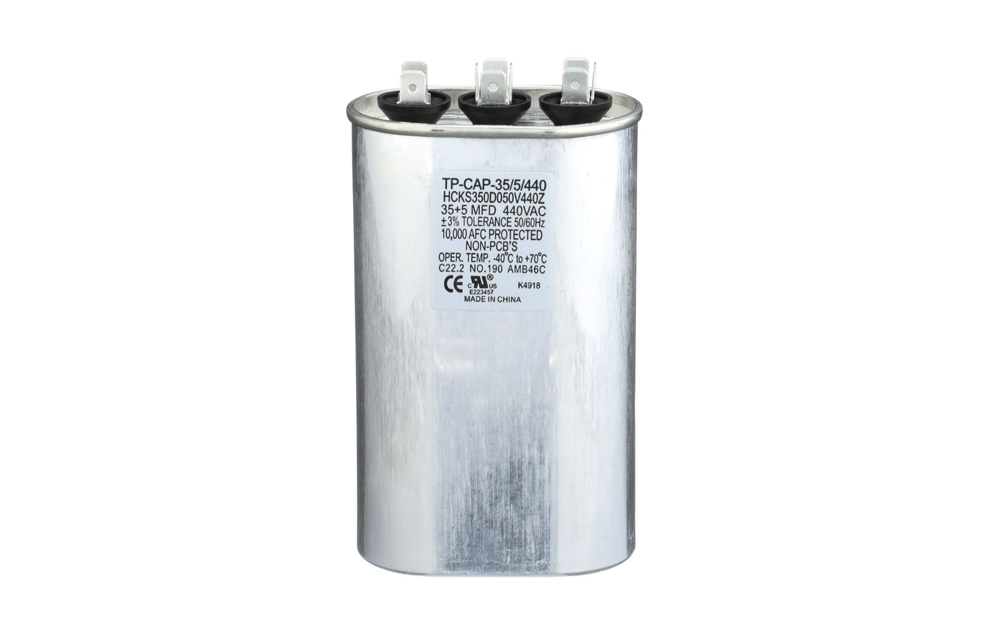 Run Capacitor, 35/5/440 VAC, Oval, Dual Rated