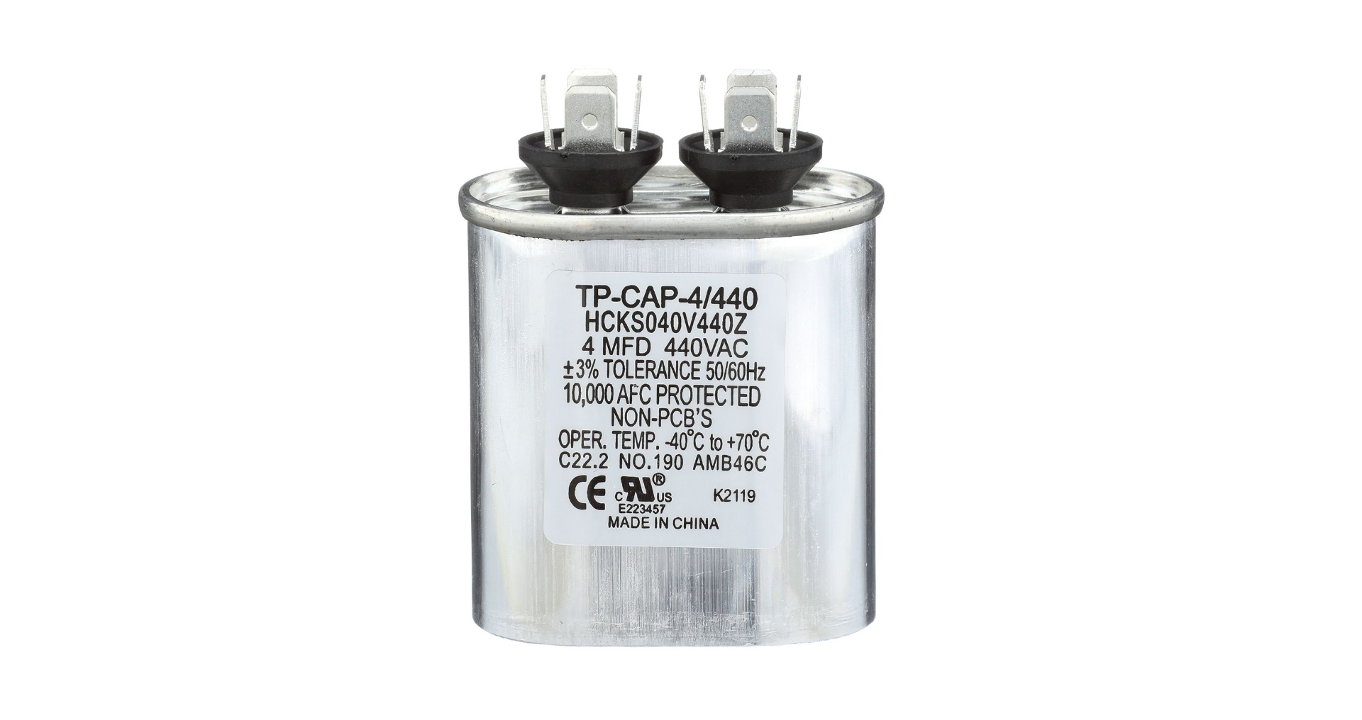 TRADEPRO® TP-CAP-4/440 - Run Capacitor, 4/440 VAC, Oval Item: TP-CAP-4/440 MFG: HCKS040V4402