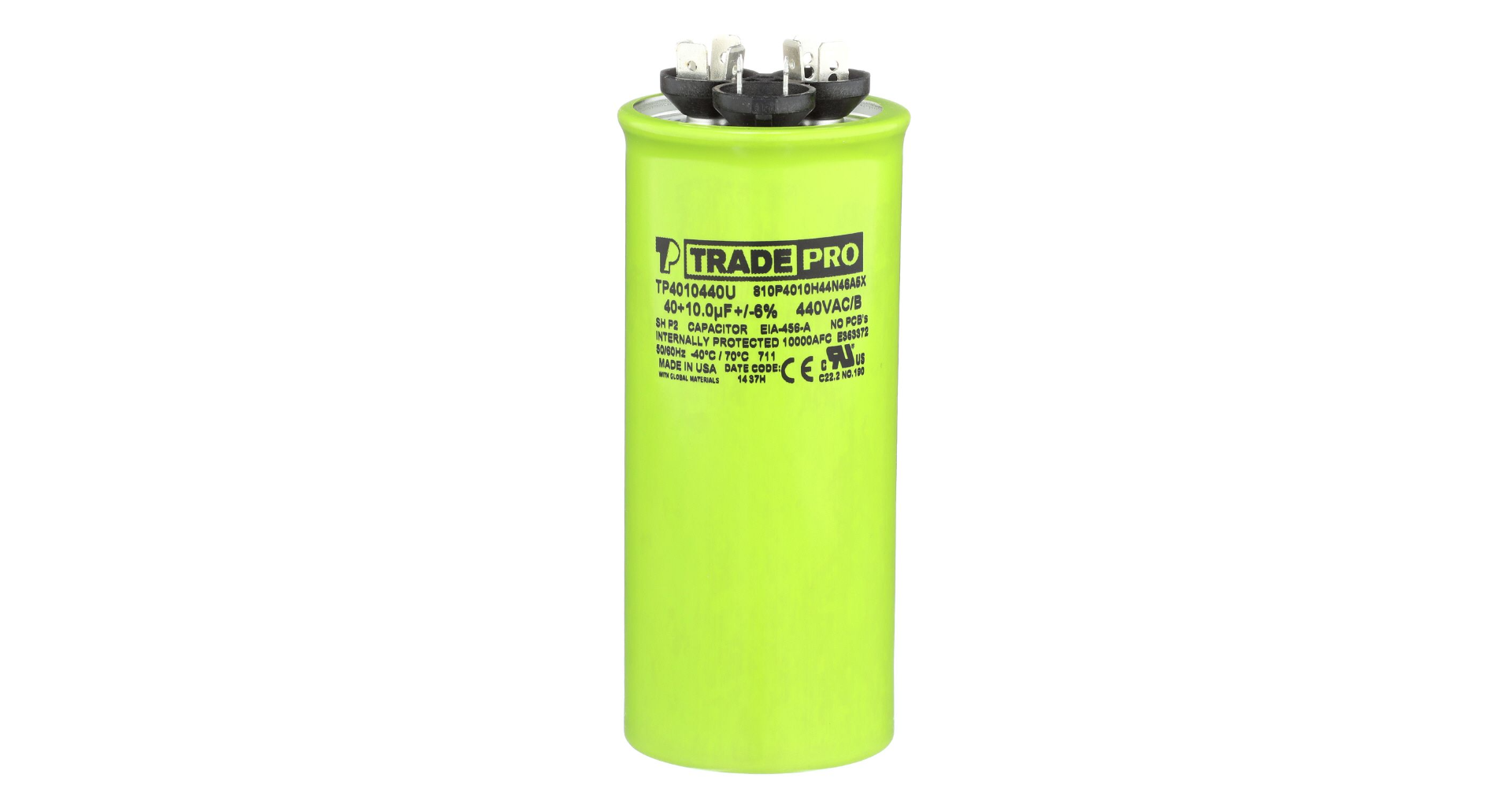 TRADEPRO® TP-CAP-40/10/440USAR - Round Capacitor, 40/10/440V- USA Made Item: TP-CAP-40/10/440USAR MFG: TP4010440U