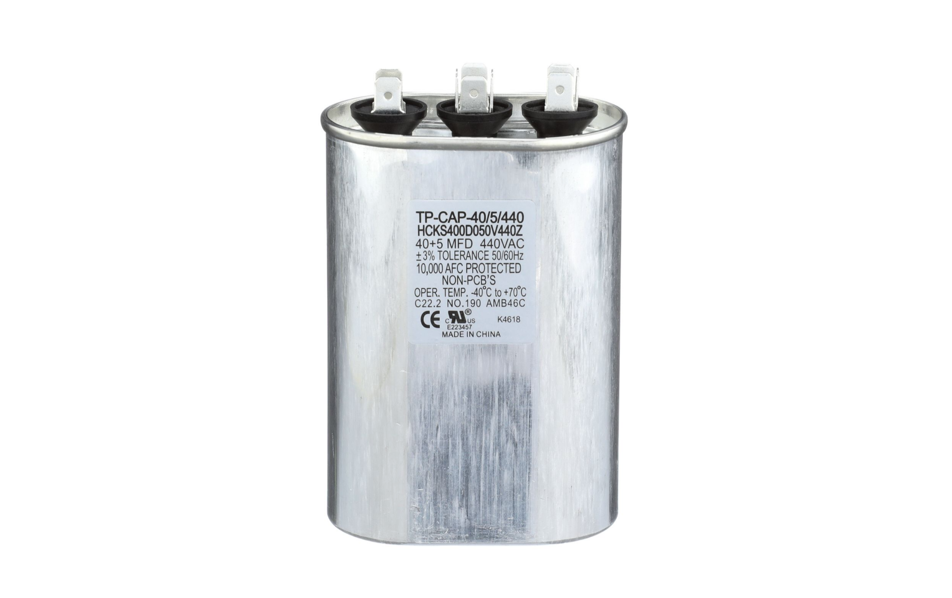 TRADEPRO® TP-CAP-40/5/440 - Run Capacitor, 40/5/440 VAC, Oval, Dual Rated Item: TP-CAP-40/5/440 MFG: 40/5/440