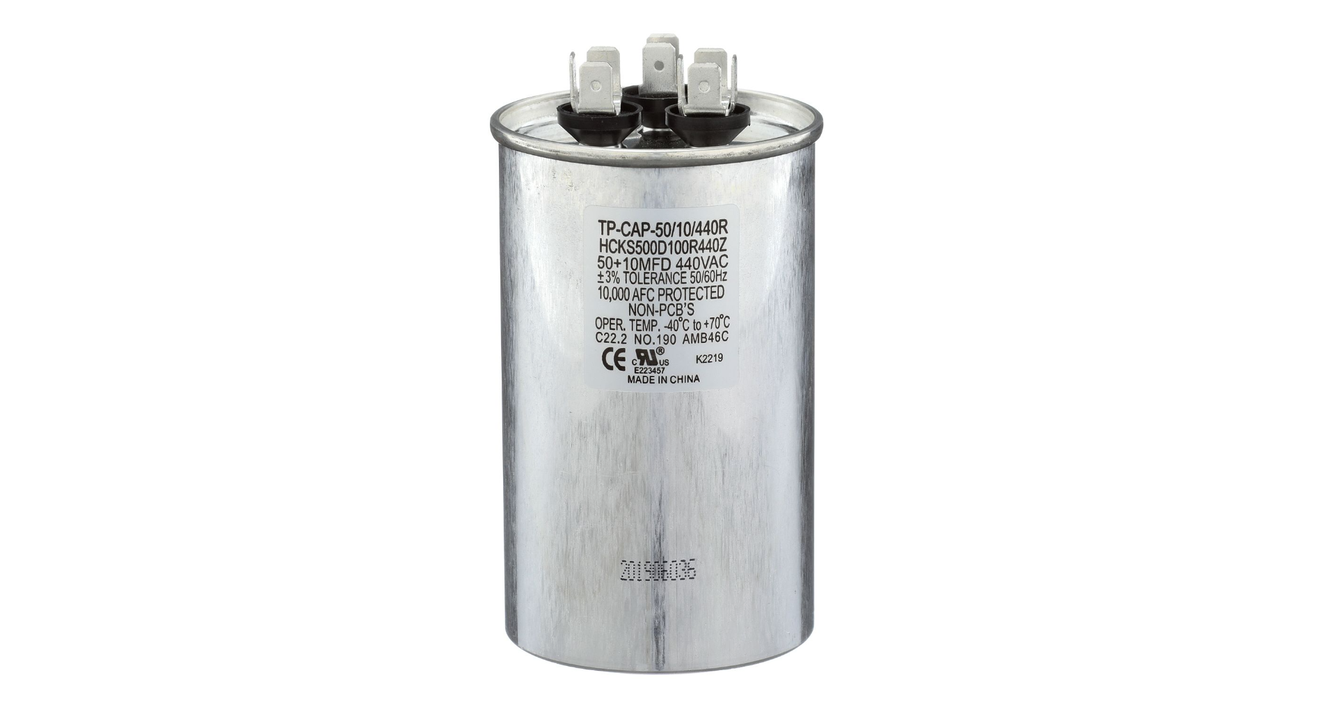 Run Capacitor, 50/10/440 VAC, Round, Dual Rated